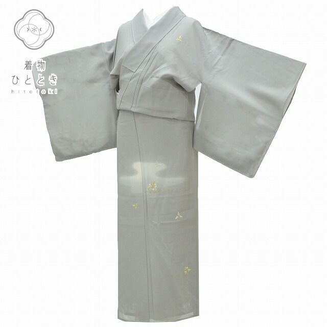 リサイクル着物 訪問着 未使用品 身丈157.2cm 裄丈63cm 付下げ 夏物 正絹 仕立て上がり 絽 刺繍 紋付 盛夏 M グレー系 植物文様 rr0183b