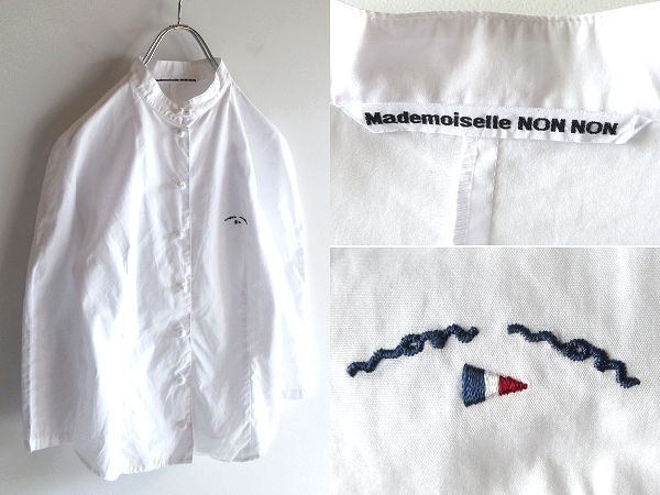 Mademoiselle NON NON マドモアゼルノンノン ロゴ刺繍 ラグラン チャイナシャツ ブラウス M 白 ホワイト 日本製