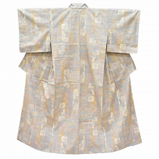 紬 正絹 リサイクル着物 未使用品 仕立て上がり 裄62cm 身丈149.5cm S 紫 青色系 亀甲絣 花文様 特品★★★★ ss0669b [ 着物 中古 帯 リサイクル 振袖 浴衣 袴 和服 古着 ]