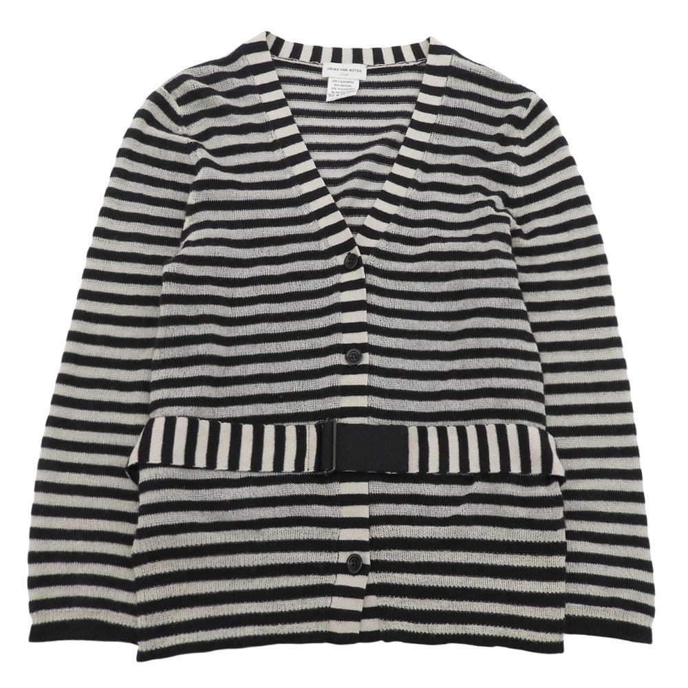 美品 Dries Van Noten ドリスヴァンノッテン ベルテッド ボーダーカーディガン トップス レディース カシミヤ混 ブラック オフホワイト S