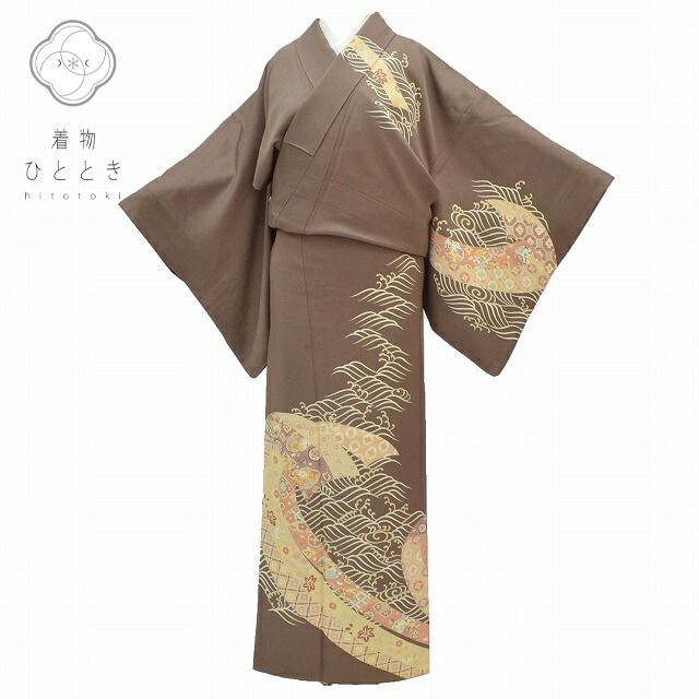 訪問着 中古 身丈164cm 裄丈63.8cm 正絹 仕立て上がり リサイクル着物 紋付 袷 L 茶色系 波に花唐草文様 特品 [ 和服 入学式 卒業式 母 結婚式 お宮参り アウトレット きもの kimono 着物ひととき] qq1949b