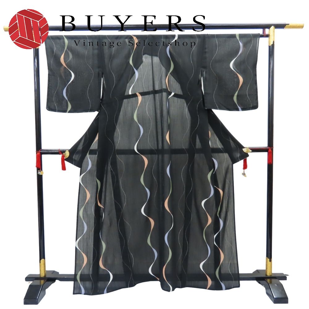 【中古】 小紋 単衣 しつけ糸あり ポリエステル 着丈約157.5cm 裄丈約67cm ブラック 夏兼用 波文 お洒落 和装 呉服 和服 きもの レディース 女性