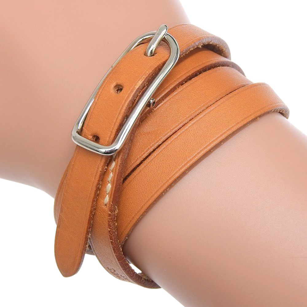 【HERMES】エルメス アピ1 ロング レザー 茶/シルバー金具 ユニセックス 9.5g ブレスレット