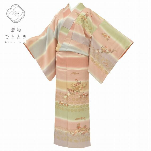 リサイクル着物 訪問着 身丈156cm 裄丈67cm 正絹 仕立て上がり 紋付き 袷 L M ピンク色系 花 丸文様 qq0216b