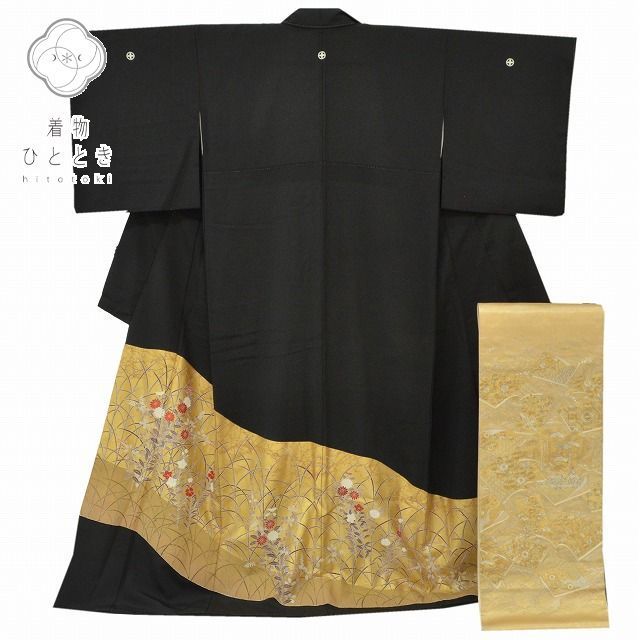 リサイクル着物 黒留袖 正絹 仕立て上がり 袋帯 セット 結婚式 フォーマル 裄68cm L 身丈164cm L ちょっとふくよかL 草花文様 特品★★★★ [ 着物 中古 帯 リサイクル 振袖 浴衣 袴 和服 古着 ] qq0250b