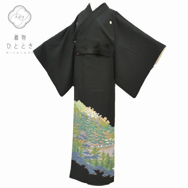 リサイクル着物 身丈159.5cm 裄丈65.5cm 黒留袖 正絹 五つ紋 比翼付き 仕立て上がり 翠峯 落款有 M M 黒色系 風景文様 特品 [ 着物 中古 帯 リサイクル 振袖 浴衣 袴 和服 古着 ] pp1806b
