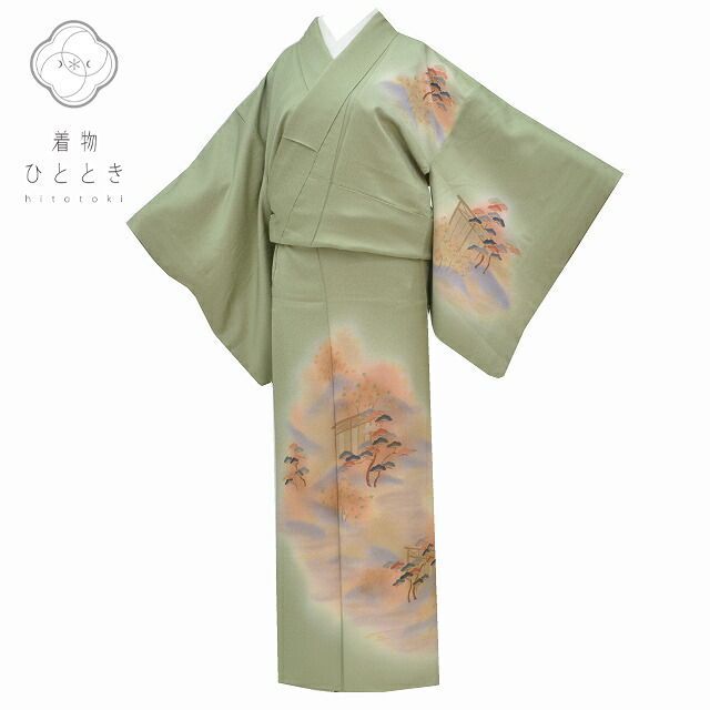 リサイクル着物 訪問着 身丈156cm 裄丈64cm 正絹 仕立て上がり 袷 M 緑色系 松 風景文様 pp1258b