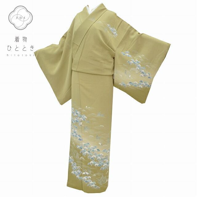 リサイクル着物 訪問着 身丈162cm 裄丈67.2cm 正絹 仕立て上がり 紋付 袷 L L 緑色系 風景文様 pp0368b