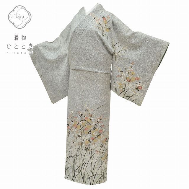 リサイクル着物 訪問着 身丈164.3cm 裄丈68.3cm 正絹 仕立て上がり 袷 L L 白 紺色系 秋草文様 pp0362b