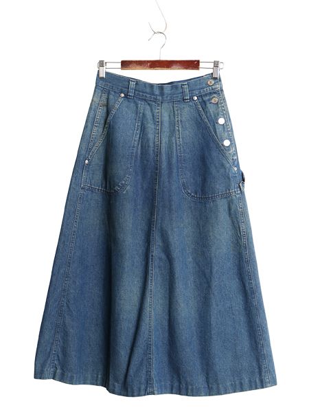 80s ラルフローレン デニム ロング スカート レディース S 程 古着 ポロ ヴィンテージ モデル サイドボタン ランチ フレア カジュアル 濃紺