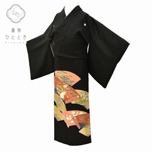黒留袖 リサイクル着物 正絹 五つ紋 比翼付き 仕立て上がり 結婚式 金駒刺繍 裄62.5cm 身丈160.2cm M ちょっとふくよかL 黒色系 地紙に四季花文様 特品★★★★ ss0125b [ 和服 入学式 卒業式 母 結婚式 お宮参り アウトレット き