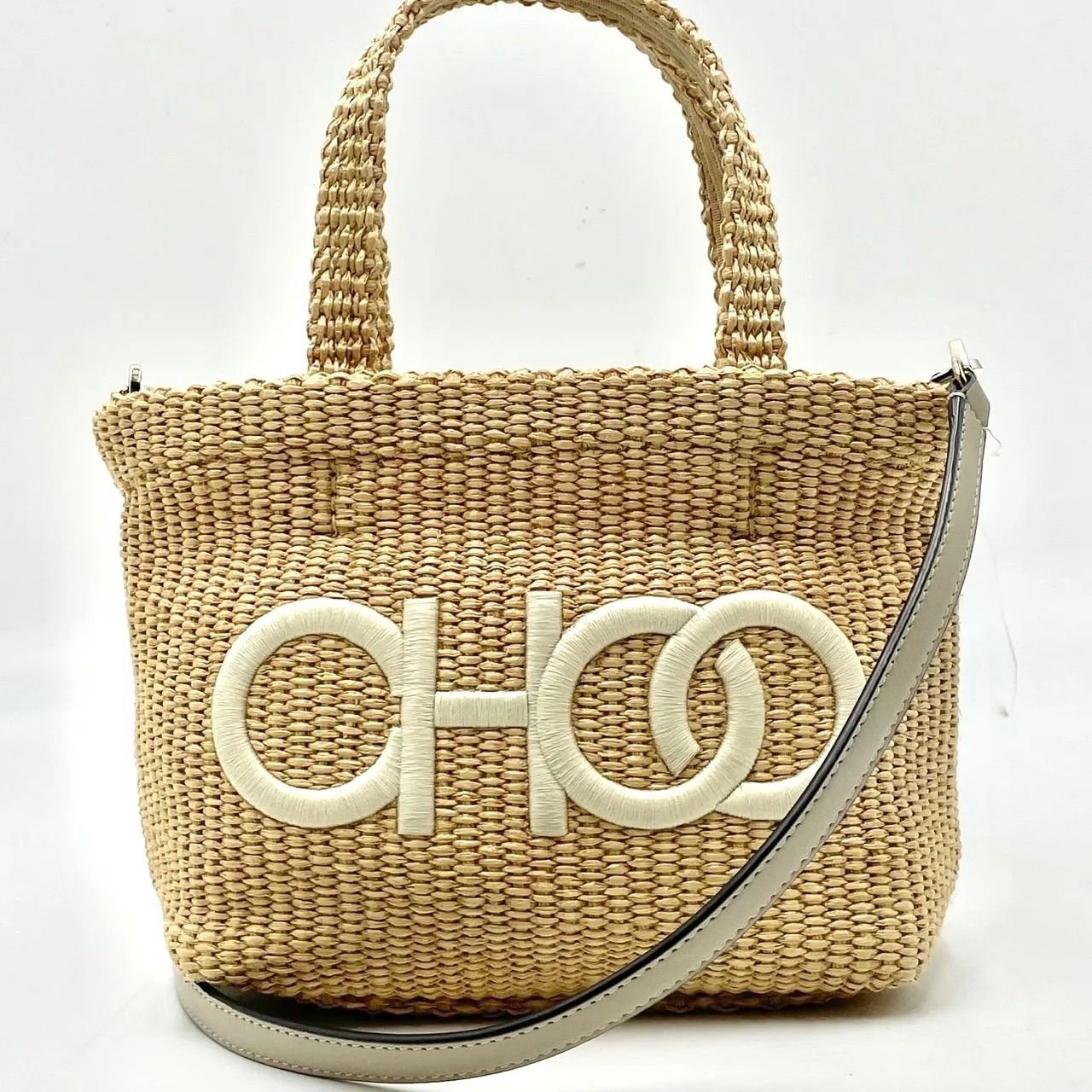 極美品● JIMMY CHOO ジミーチュウ 2way ハンドバッグ ショルダーバッグ ロゴ 刺繍 編み込み ラフィア レザー