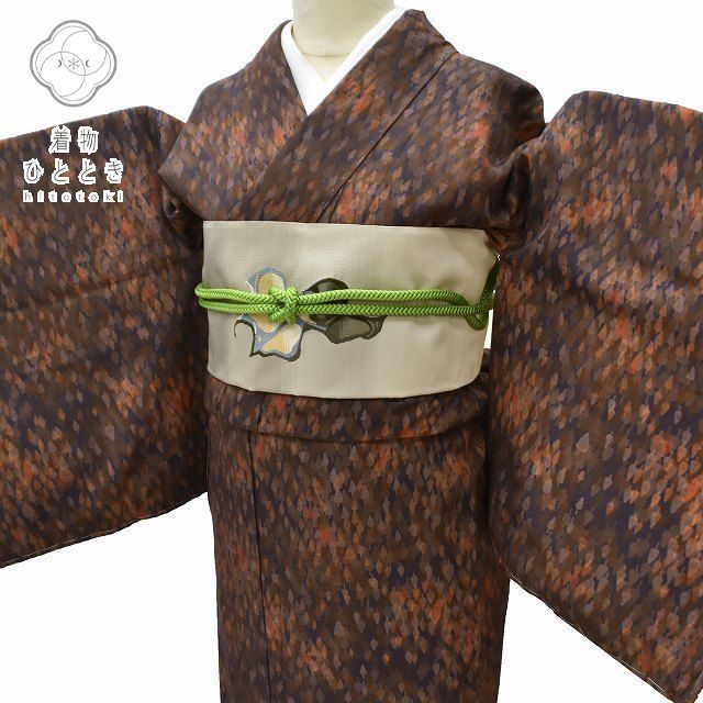 小紋 リサイクル着物 名古屋帯 セット 正絹 仕立て上がり 帯締め付き 綴れ織り 袷 コーディネート 身丈149cm 裄63.2cm SS ちょっとふくよかL 茶系 樹木文様 良品★★★ [ 和服 着付け教室 お茶 女性 カジュアル 初詣 アウトレット きもの