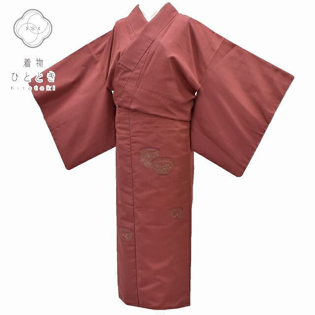 紬 リサイクル着物 身丈157.5cm 裄丈64cm 正絹 仕立て上がり つむぎ M ちょっとふくよかL 茶系 器文様 良品 [ 着物 中古 帯 リサイクル 振袖 浴衣 袴 和服 古着 ] rr0561b