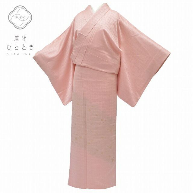 リサイクル着物 訪問着 身丈157.3cm 裄丈63.2cm 付下げ 正絹 仕立て上がり 紋付 袷 M ピンク色系 幾何学文様 qq1810b