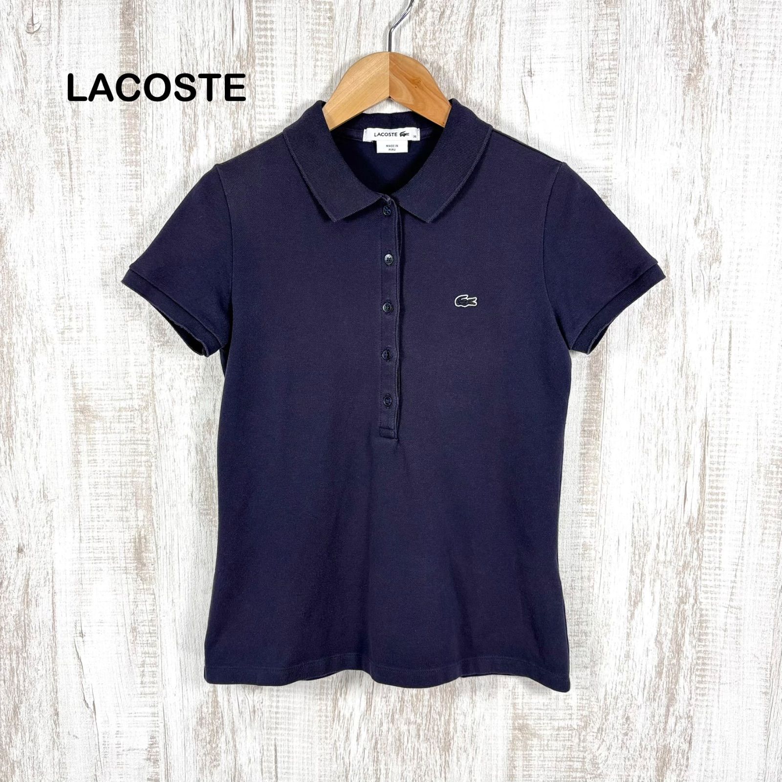 LACOSTE ラコステ ワニロゴ刺繍 鹿の子 半袖 ポロシャツ ネイビー 