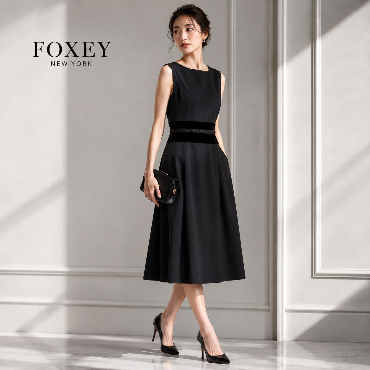 【美品】【クリーニング済】FOXEY NEW YORK /フォクシーニューヨーク クストレッチ×ストレッチベロア ベルト付 ワンピース 40「（S・7号）～（M・9号）相当」ブラック 　お食事会、パーティー、特別な日、着回し