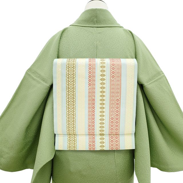 中古】 本場筑前博多織 名古屋帯 八寸 正絹 全通 薄水色 花菱 縞 献上