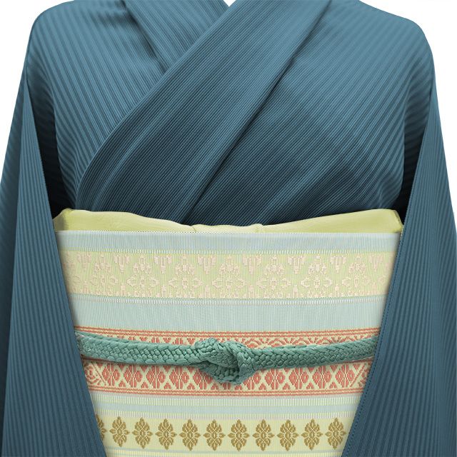 中古】 本場筑前博多織 名古屋帯 八寸 正絹 全通 薄水色 花菱 縞 献上