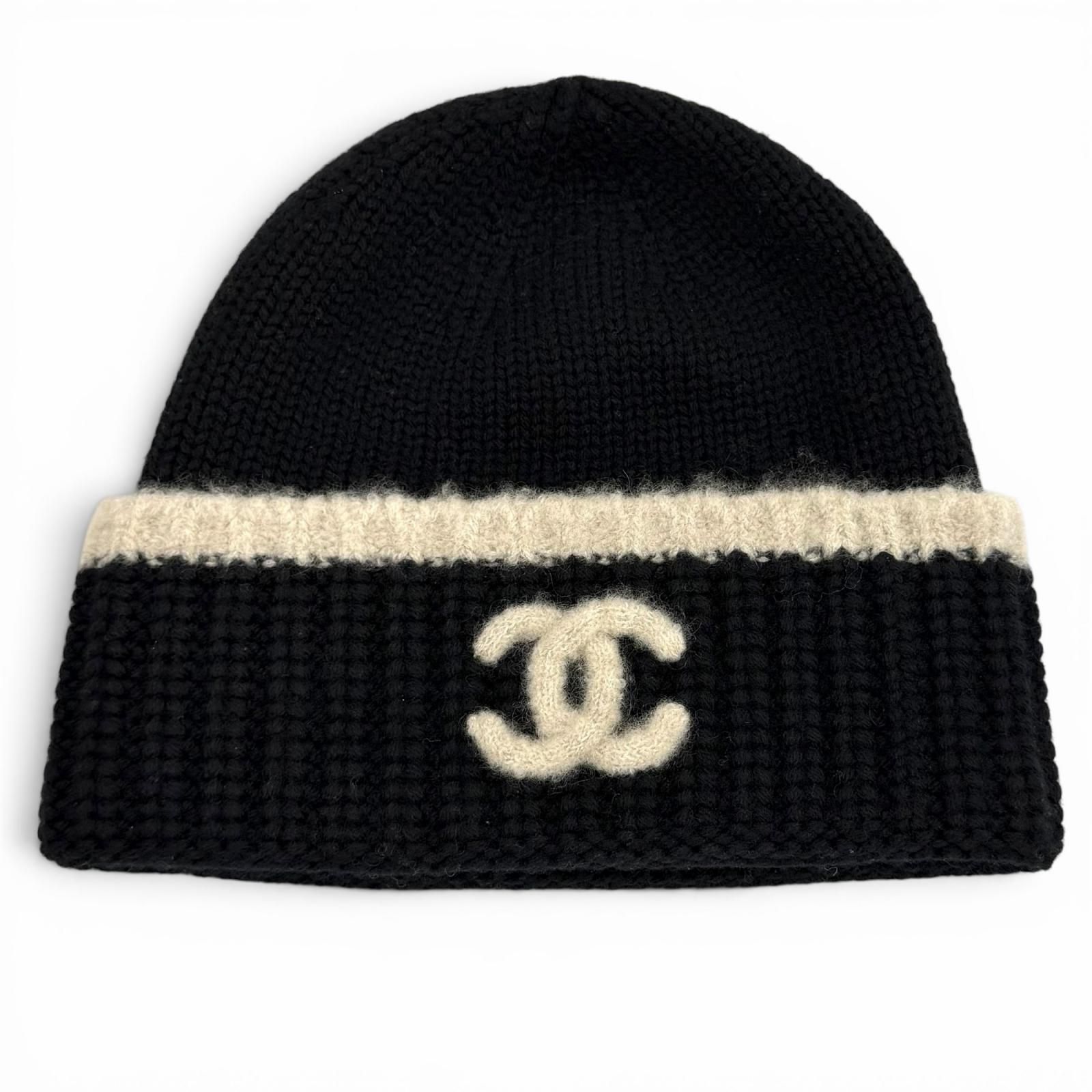 極美品★CHANEL シャネル ウール カシミヤ シルク混 ココマーク ニットキャップ ビーニー 帽子 ブラック ベージュ 正規品 レディース