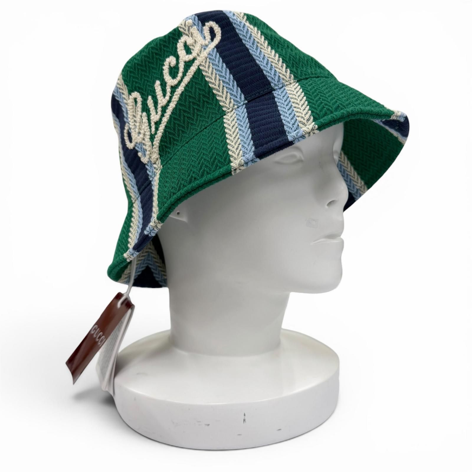 未使用品☆GUCCI グッチ 832064 コットン100% ロゴ刺繍 ヘリンボーン柄 バケット ハット グリーン系 L イタリア製 正規品 レディース 箱・保存袋付き