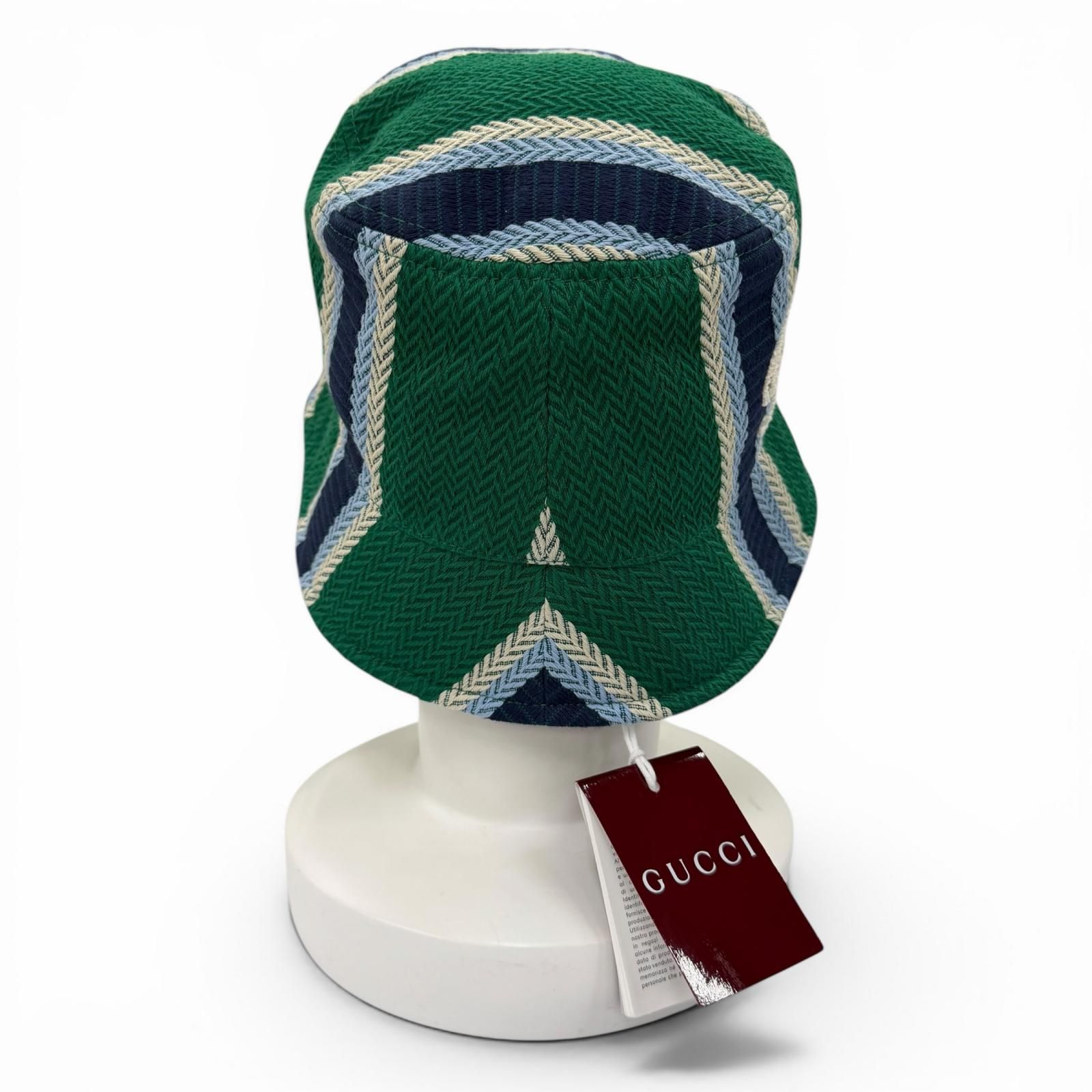 未使用品☆GUCCI グッチ 832064 コットン100％ ロゴ刺繍 ヘリンボーン柄 バケット ハット グリーン系 L イタリア製 正規品 レディース 箱・保存袋付き