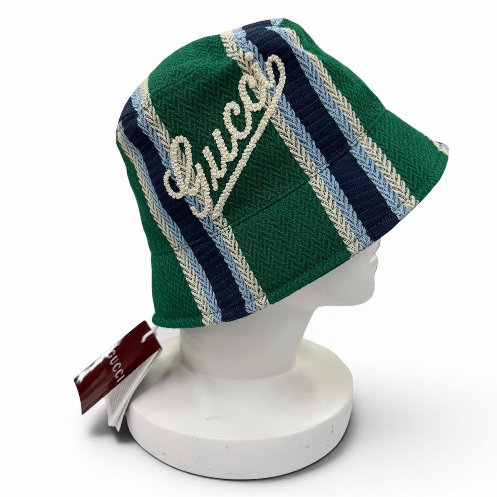 未使用品☆GUCCI グッチ 832064 コットン100％ ロゴ刺繍 ヘリンボーン柄 バケット ハット グリーン系 L イタリア製 正規品 レディース 箱・保存袋付き