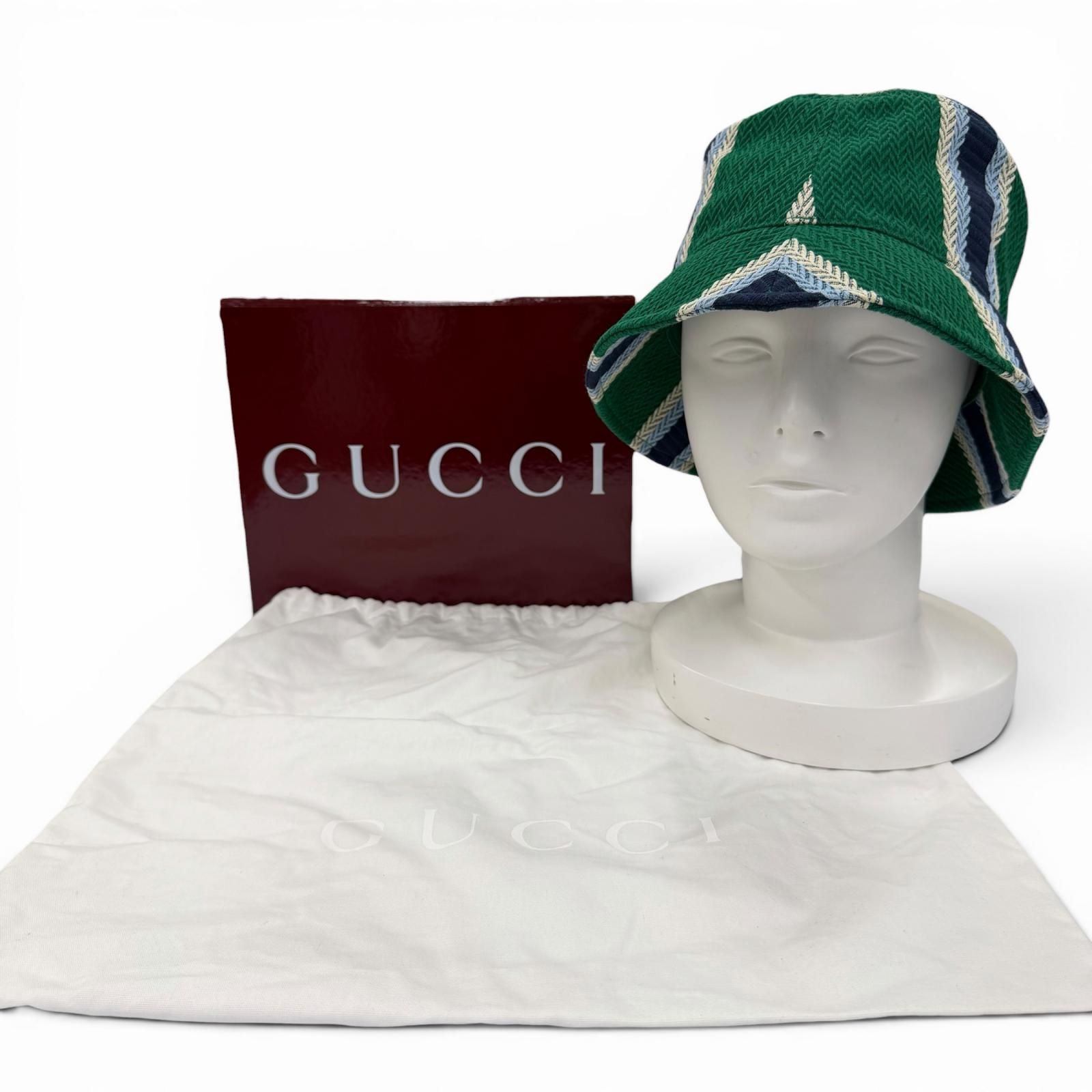未使用品☆GUCCI グッチ 832064 コットン100％ ロゴ刺繍 ヘリンボーン柄 バケット ハット グリーン系 L イタリア製 正規品 レディース 箱・保存袋付き