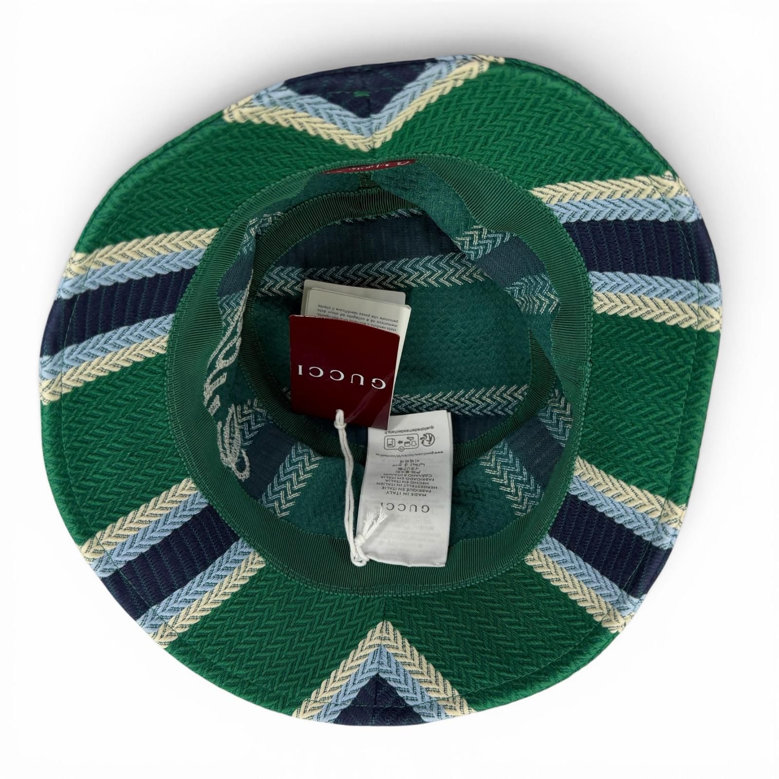 未使用品☆GUCCI グッチ 832064 コットン100％ ロゴ刺繍 ヘリンボーン柄 バケット ハット グリーン系 L イタリア製 正規品 レディース 箱・保存袋付き