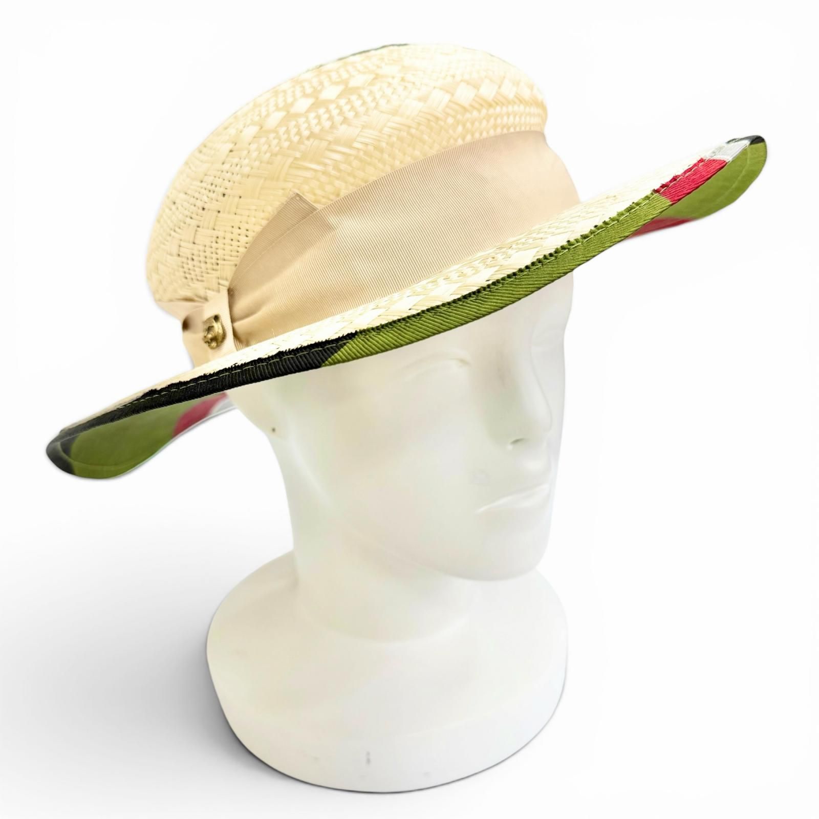 美品△GUCCI グッチ 一部シルク混 タイガーヘッド リボンテープ 麦わら帽子 ストローハット ナチュラル L 59cm イタリア製 正規品 レディース オススメ◎