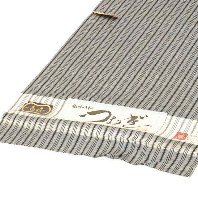 反物 正絹 リサイクル反物 美品 未使用品 グレー色系 縞文様 紬 長尺