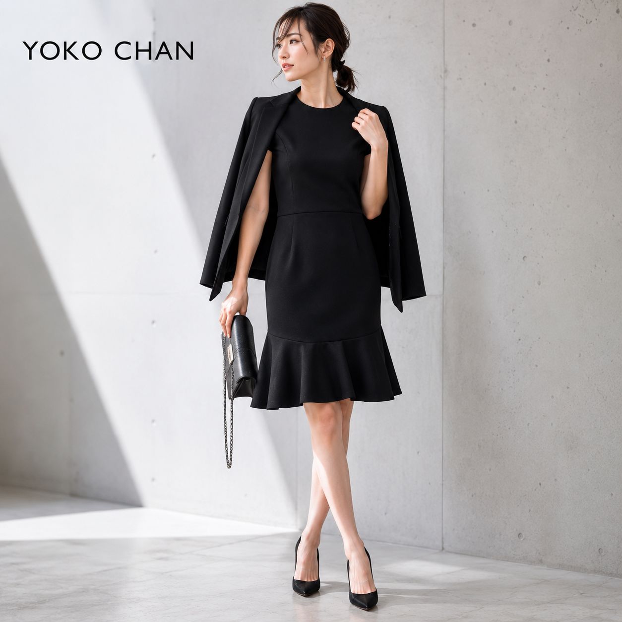 【未使用に近い】YOKO CHAN /ヨーコチャン 36「Sサイズ（7号）相当」ブラック Wool Flare Mermaid Dress フレアマーメイドワンピース 上品 美シルエット
