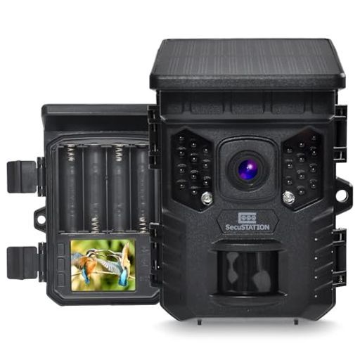 SecuSTATION小型トレイルカメラ屋外防犯害獣ソーラーパネル一体型4MP対応赤外線夜間撮影人感センサー電池式動物監視カメラ定点カ