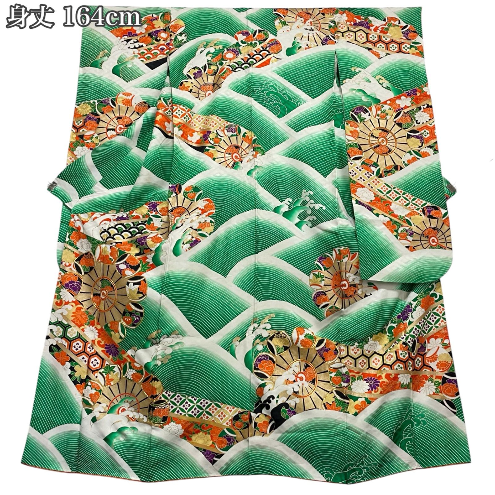 J926 アンティーク 振袖 金駒刺繍 金彩加工 源氏車 流水 正絹 身丈