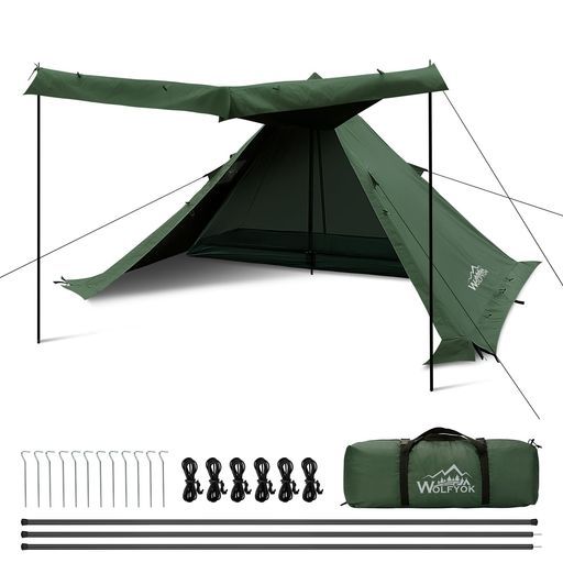 ワンポールテントソロTCポリコットン【二本前室ポール付き&1.2m2広い前室】難燃性遮光性wolfyokoutdoors簡単設営焚き火可煙突穴