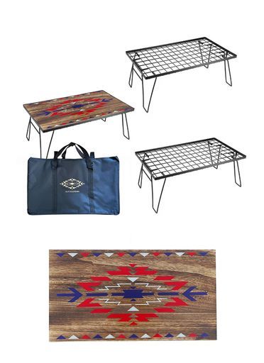 OUTDOORSHINフィールドラックオルテガ柄天然木製天板マルチラック収納ラックキャンプアウトドアテーブル折りたたみテーブル黒メ