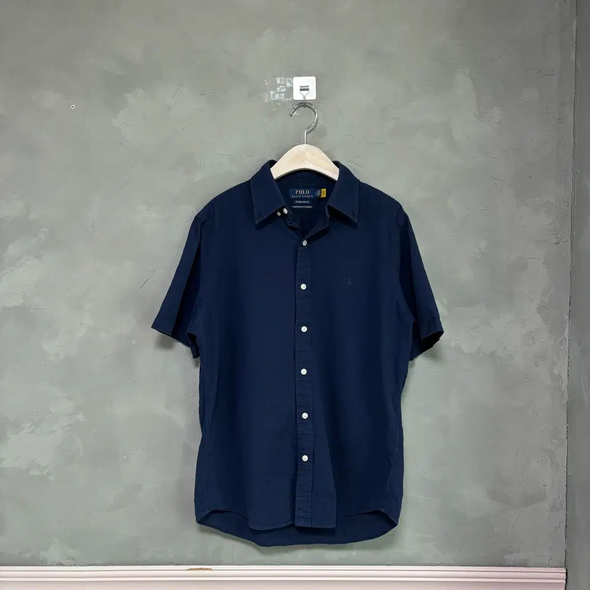 美品 POLO ポロ ラルフ ローレン シアサッカー 刺繍 半袖 シャツ 紺 M 