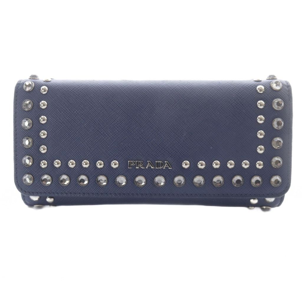 プラダ PRADA レザー スタッズ 長財布 ロゴ 紺 ネイビー - メルカリ