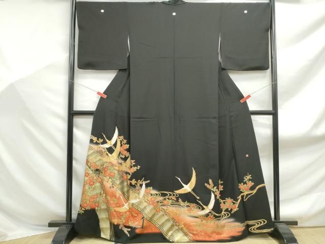平和屋着物□豪華黒留袖 作家物 駒刺繍 渡橋群れ鶴文 暈し染め 金彩