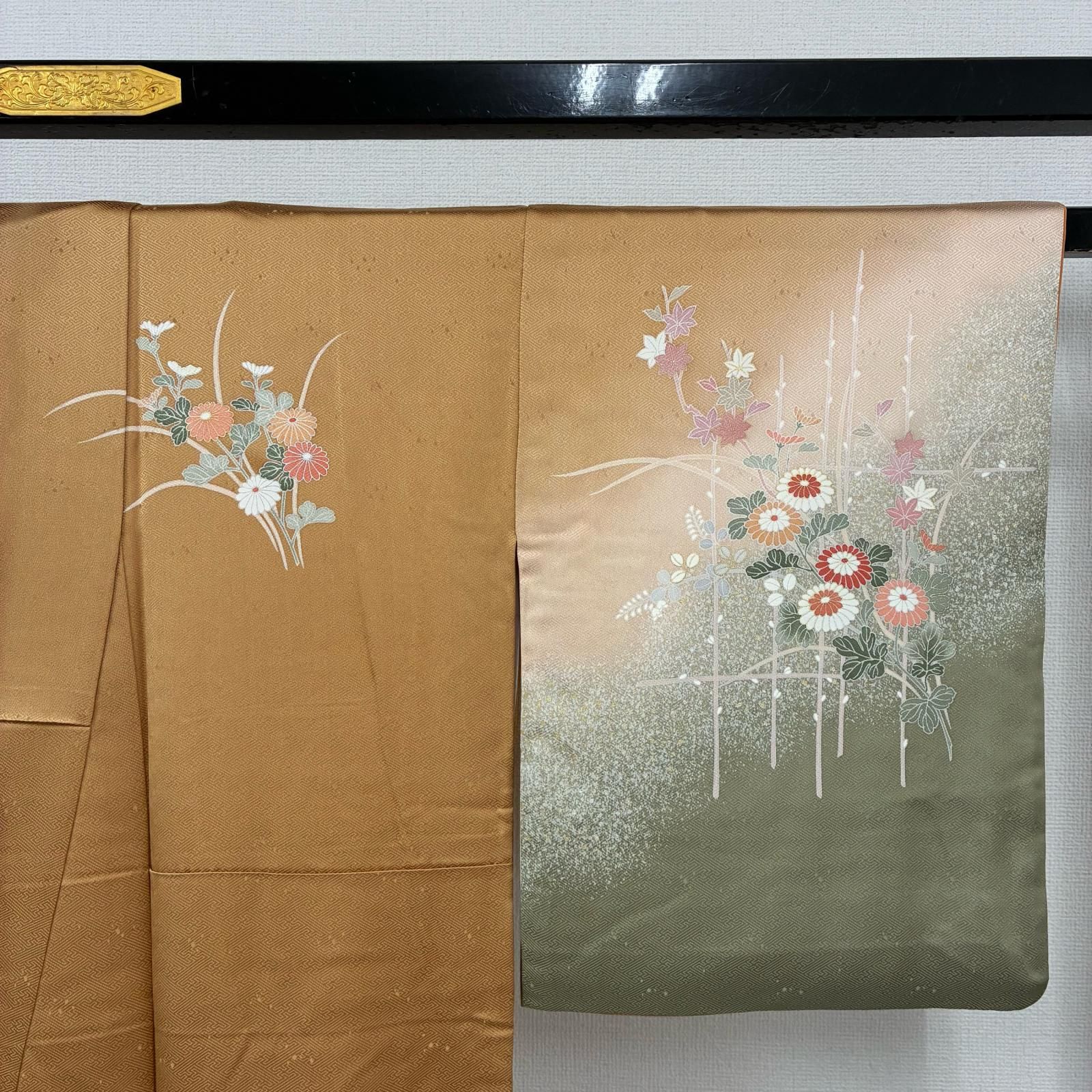 付下げ 金駒刺繍 友禅 金彩 紗綾形の地紋 一つ紋 正絹 着物 MK-9210