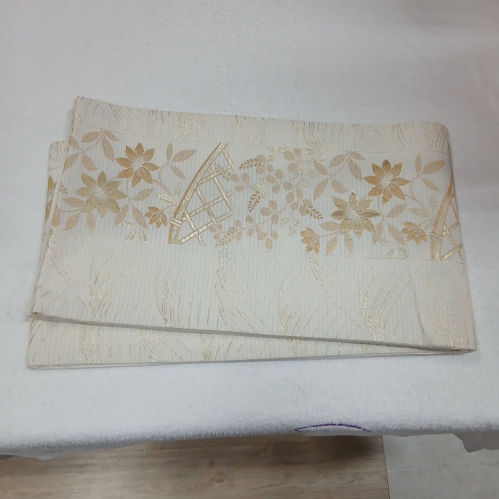 127 帯 袋帯 夏帯 白系 アイボリー 花柄 金糸 波文様 夏用 フォーマル