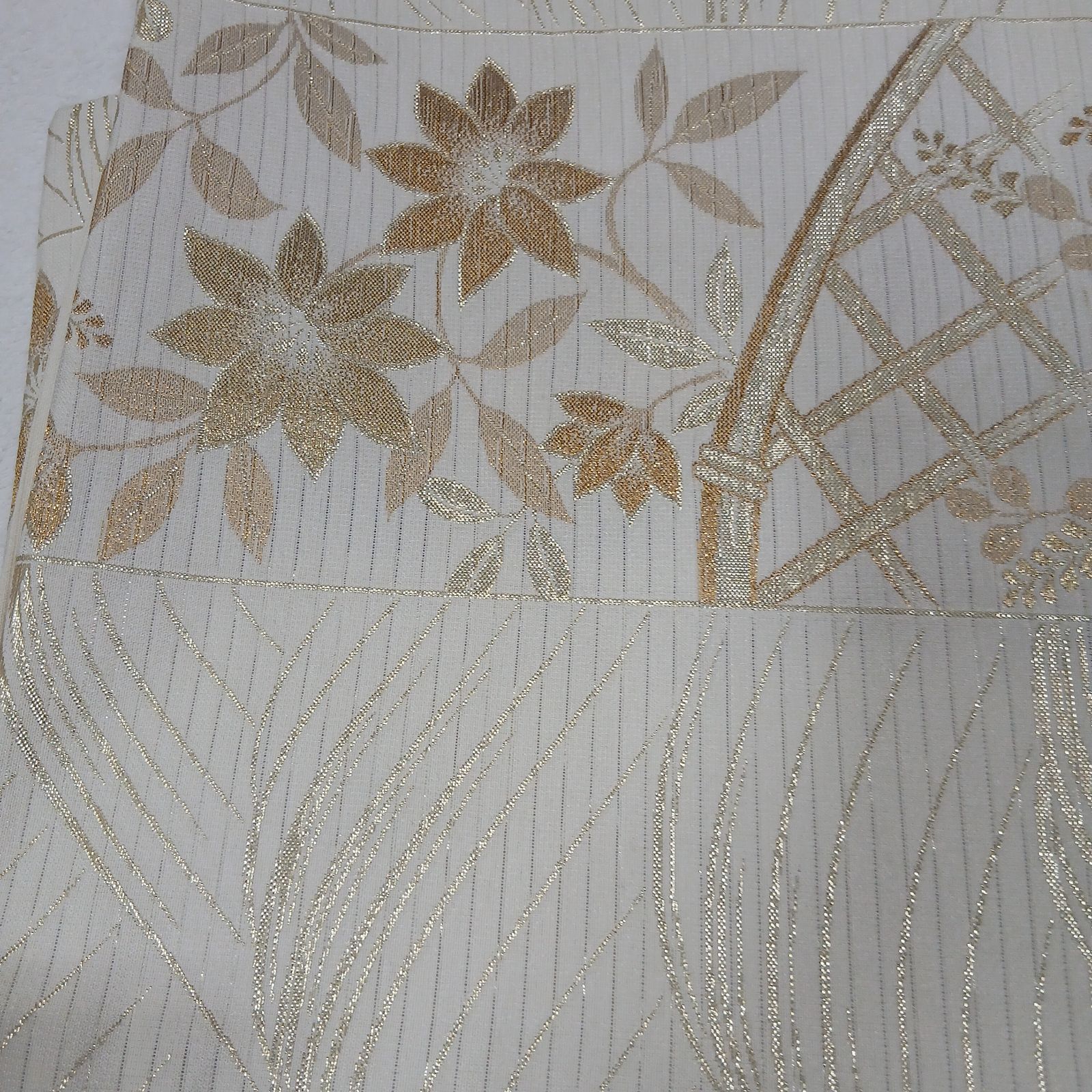 127 帯 袋帯 夏帯 白系 アイボリー 花柄 金糸 波文様 夏用 フォーマル
