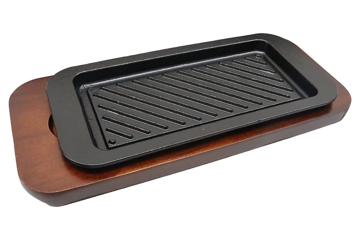 特価商品 アサヒ ステーキ皿(木台付) 鉄鋳 パワープレート 長角波目(鉄板底厚みが6~8mmと通常の倍・鉄板に蓄熱された熱パワー) IH対応