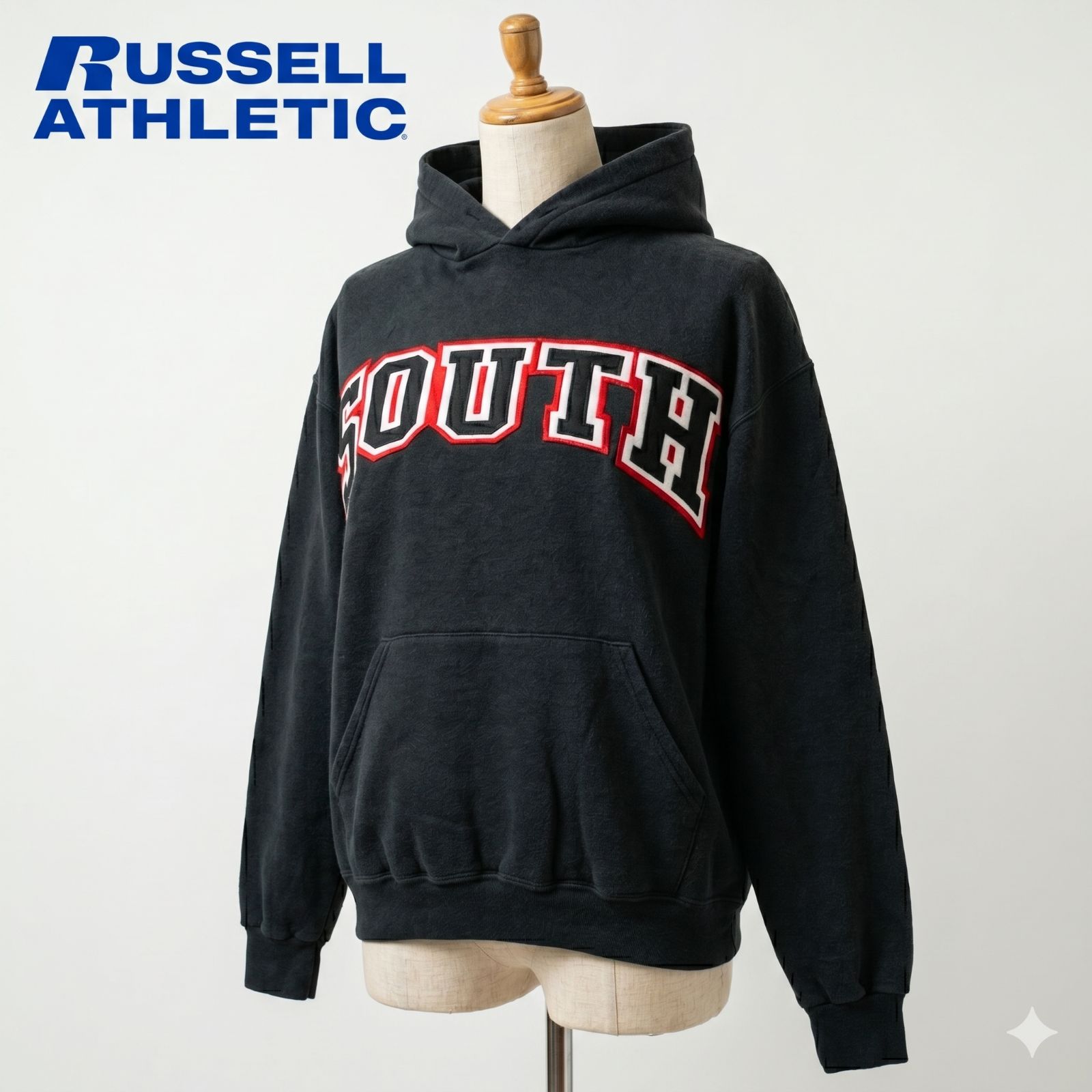 Russell Athletic ラッセルアスレティック パーカー 黒 M メキシコ製 Y2K SOUTH ワッペン ヴィンテージ 古着 #K045-29