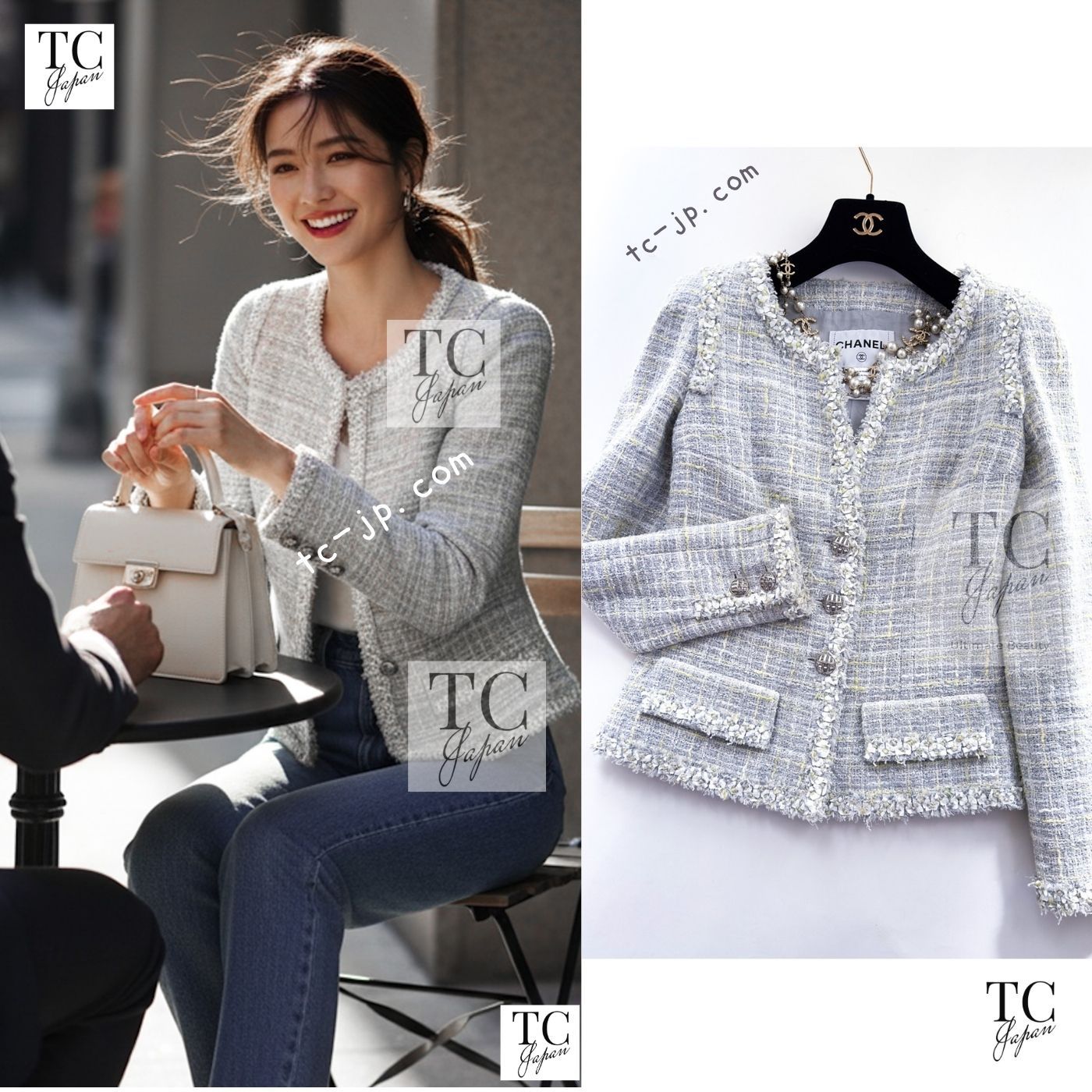 シャネル ジャケット CHANEL ライト グレー ミント コットン ウール 春 