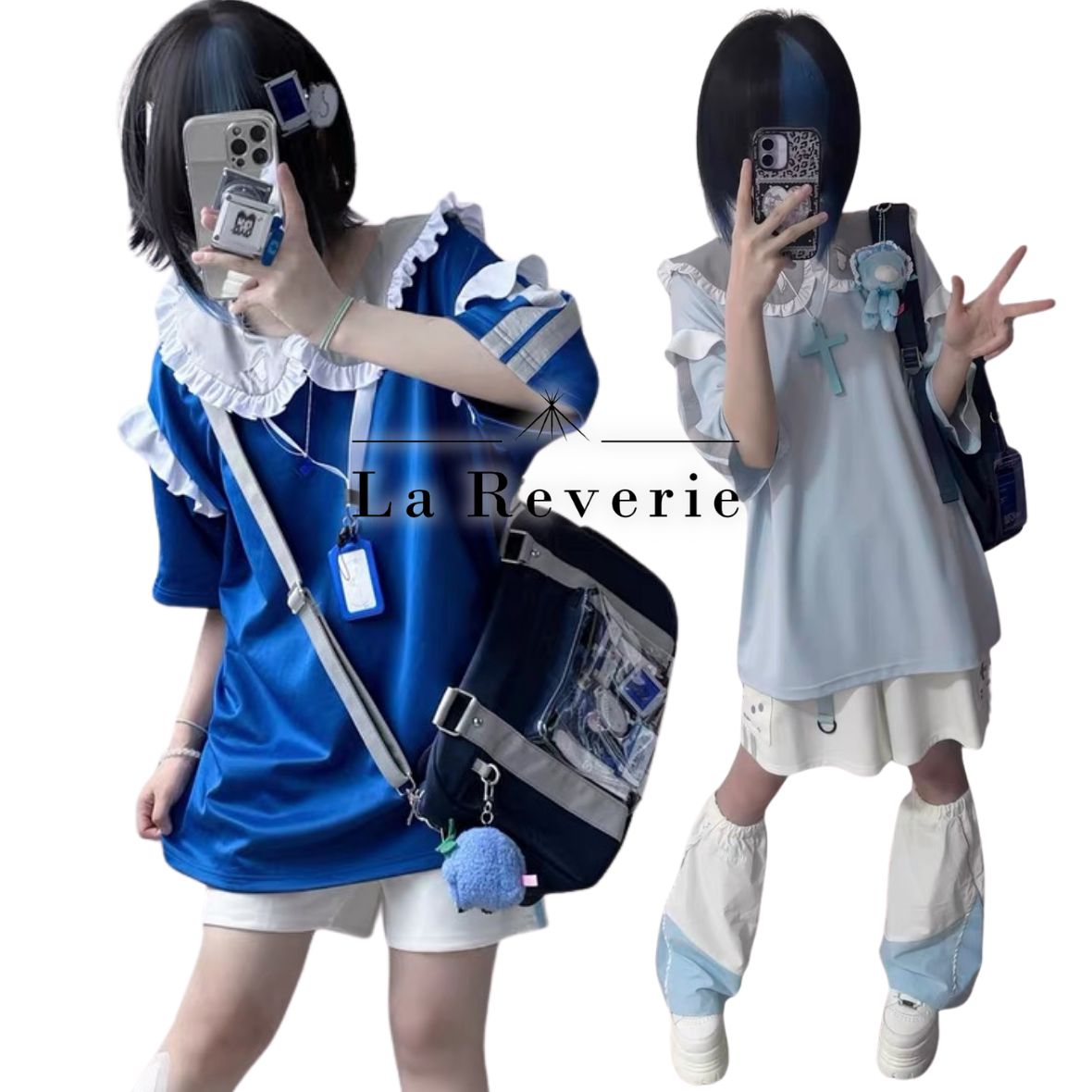 セーラーカラー Tシャツ 水色界隈 サブカル系 地雷系 天使界隈 病みかわ 半袖 ロングTシャツ オーバーサイズ ビッグシルエット フリル襟 韓国ファッション 推し活 ブルー ライトブルー オーバーサイズ Tシャツ