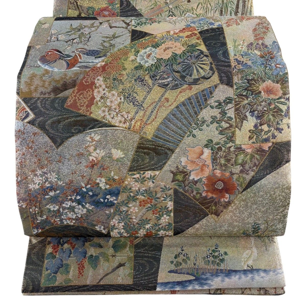【美品】 丸帯 逸品 壱阡八百口織 日本絵画全集 扇 花車 プラチナ箔 灰緑 全通 正絹 【中古】