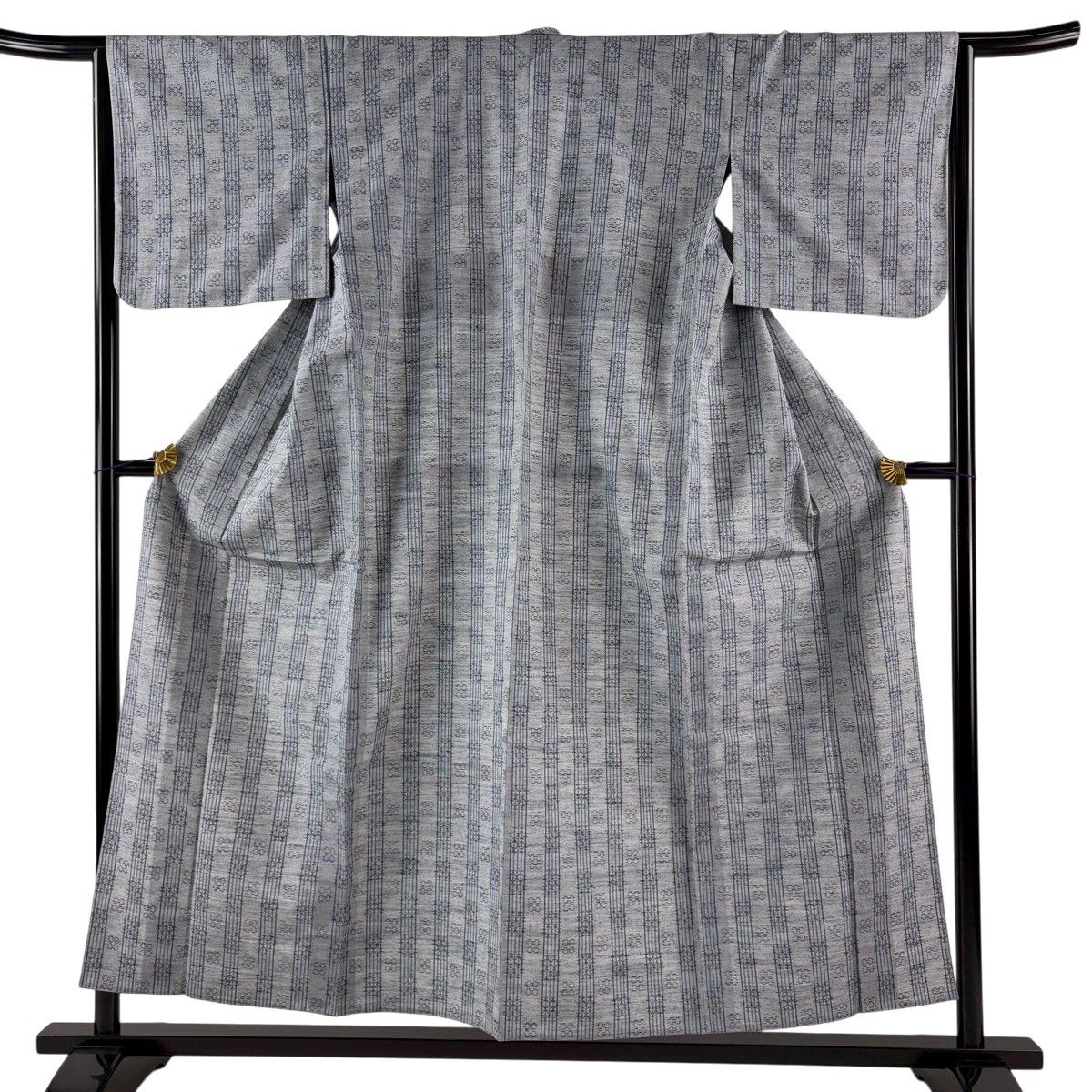 美品】 紬 身丈154.5cm 裄丈64cm M 単衣 縦縞 幾何学 灰色 正絹 名品 