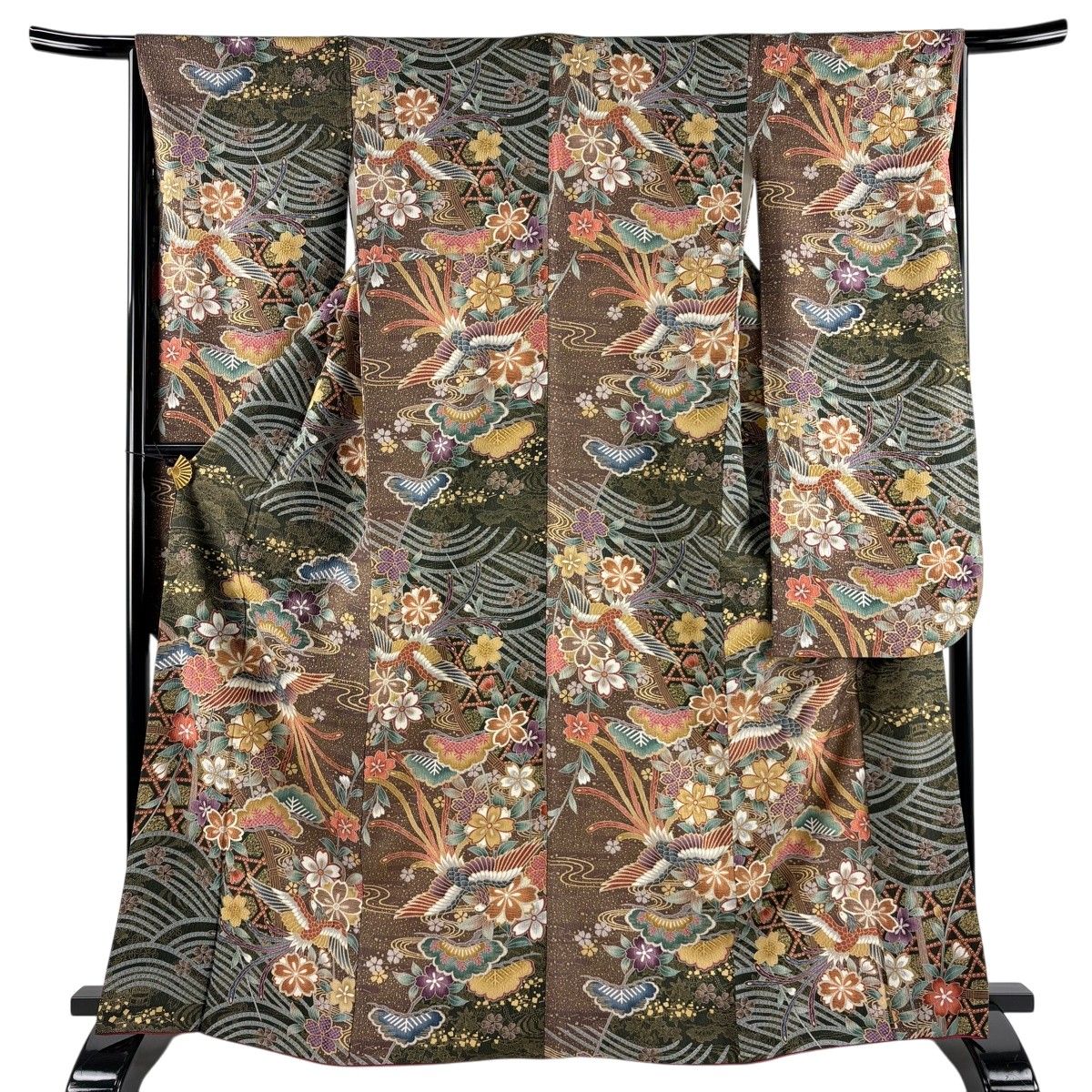 振袖 身丈165cm 裄丈66.5cm M 袷 尾長鳥 桜 ラメ 金彩 深緑 正絹 名品