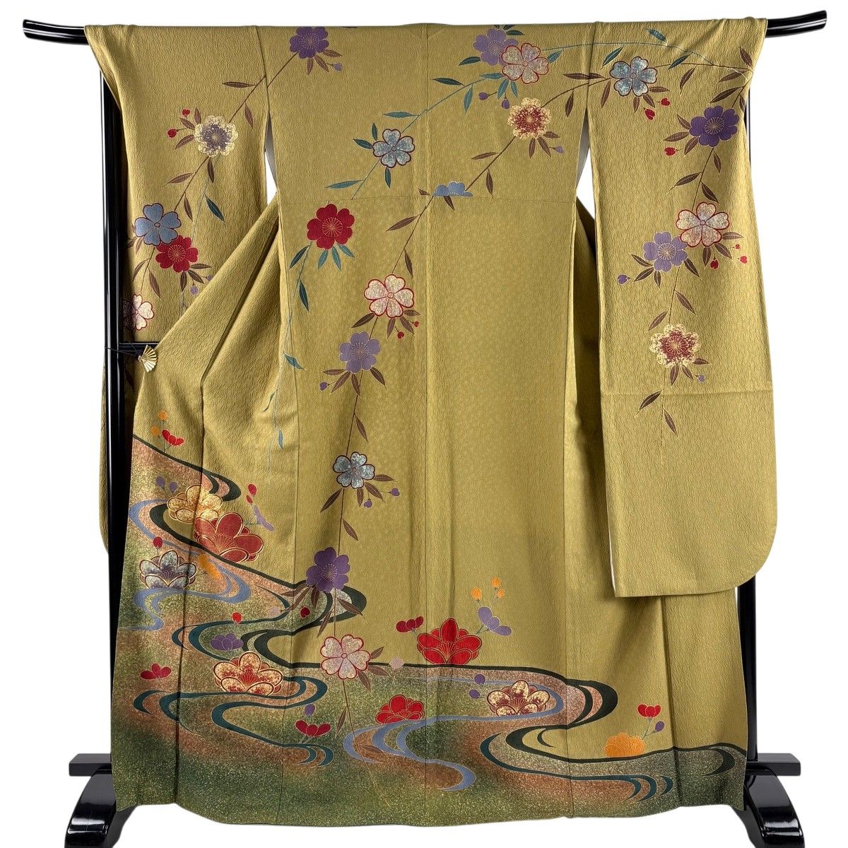 振袖 身丈167cm 裄丈69cm L 袷 梅 流水 金糸 金彩 鶯色 正絹 名品